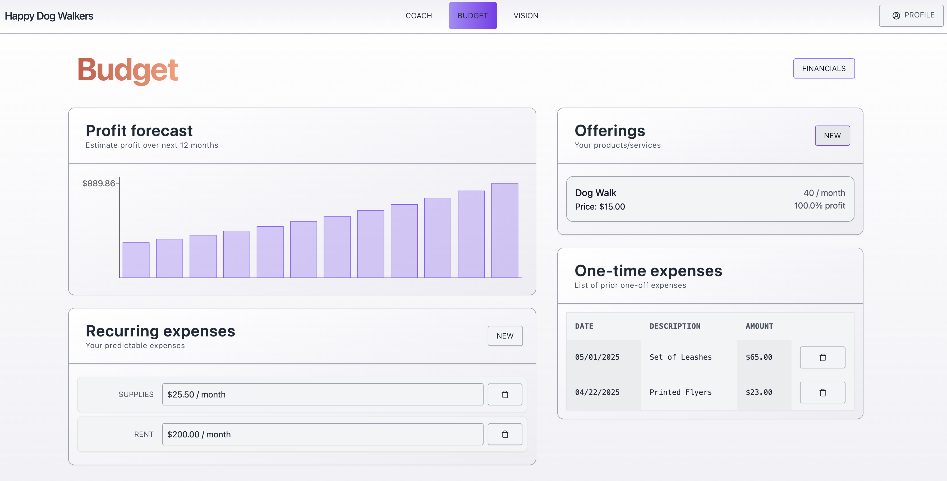 Startup Tracker financials interface